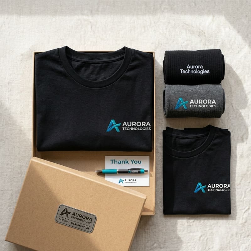 flat lay of custom branded t-shirts and socks for corporate teams